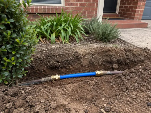 Exposed repaired water pipe in a dug garden trench beside a brick house in Newcastle